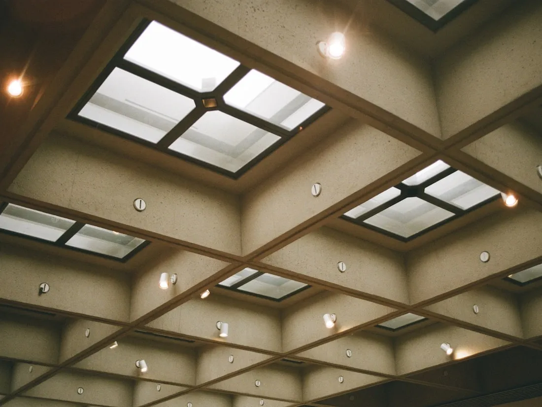 Plafond à caissons avec spots encastrés et puits de lumière